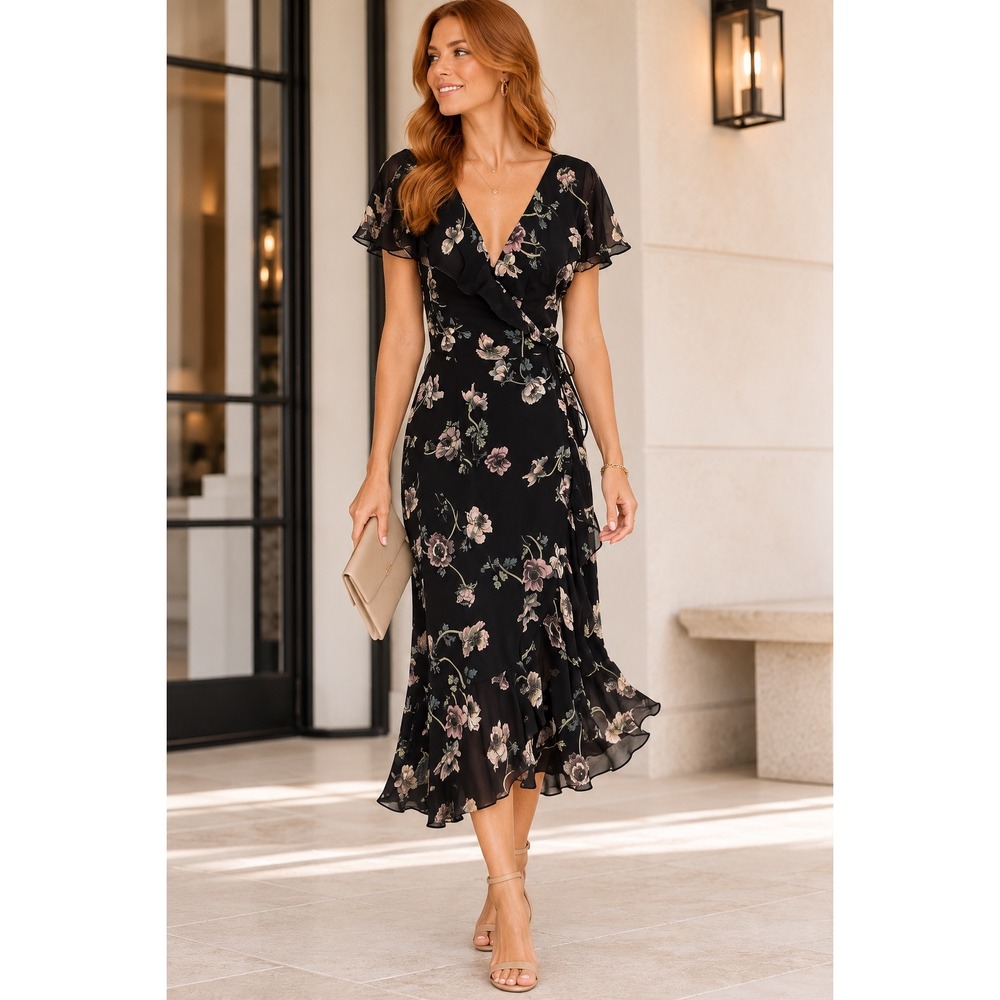 PAIGE Black Floral Silk Wrap Midi Dress Flutter Sleeve Small